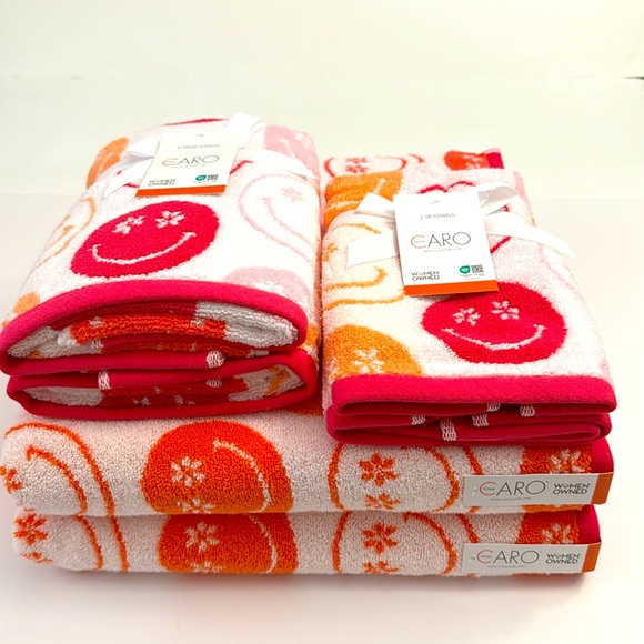 6pc CARO HOME 100% Cotton Smiley Face Bath Towel Set - Coral - Picture 9 of 9